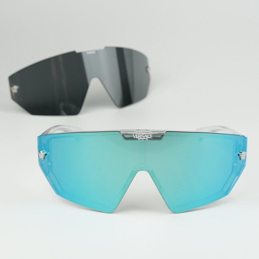 NEW Versace VE4461 148/6V Crystal Grey Mirror Blue Detachable Lens Sunglasses